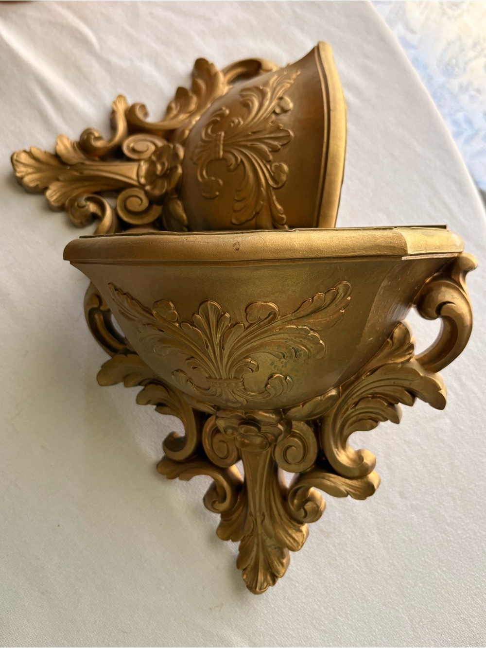 Vintage Pair Ornate Gold Wall Pockets Sconces - Pair Homeco